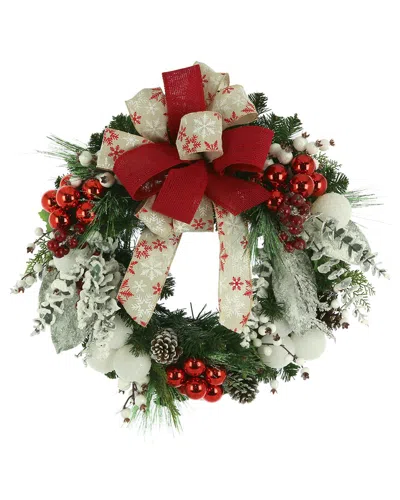 CREATIVE DISPLAYS CREATIVE DISPLAYS 34IN FLOCKED HOLIDAY WREATH WITH EUCALYPTUS, ORNAMENTS & DECORATIVE BOW