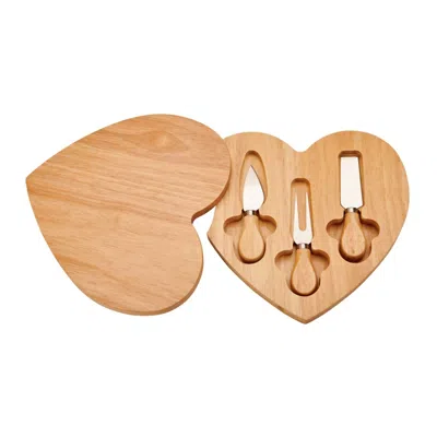 CREATIVE GIFTS INTERNATIONAL HEART-SHAPED CHEESE BOARD & TOOL SET IN BROWN