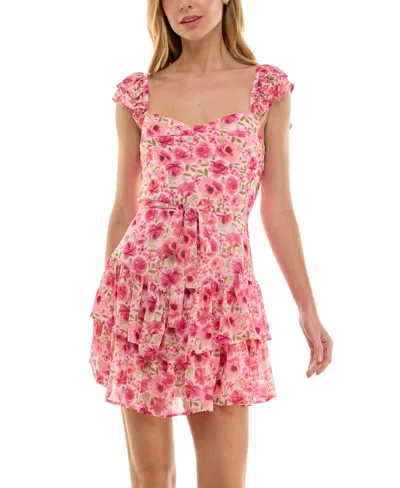 CRYSTAL DOLL JUNIORS' FLORAL-PRINT TIE-FRONT FLUTTER-SLEEVE TIERED-HEM DRESS