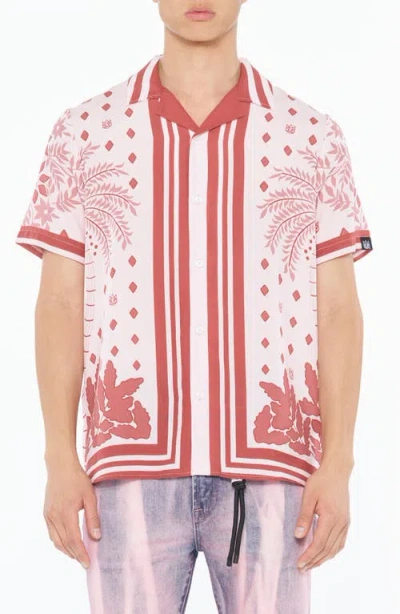 CULT OF INDIVIDUALITY CULT OF INDIVIDUALITY BORDER PRINT SHORT SLEEVE COTTON BUTTON-UP SHIRT