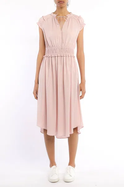 CURRENT AIR ROSETTE MID LENGTH SMOCKED WAIST DRESS IN LIGHT PINK