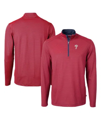 CUTTER & BUCK MEN'S RED/NAVY PHILADELPHIA PHILLIES VIRTUE PIQUE MICRO STRIPE QUARTER-ZIP PULLOVER TOP