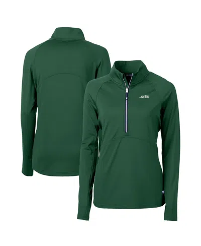 CUTTER & BUCK WOMEN'S HUNTER GREEN NEW YORK JETS PRIMARY LOGO DRYTEC ADAPT ECO KNIT STRETCH RAGLAN HALF-ZIP TOP