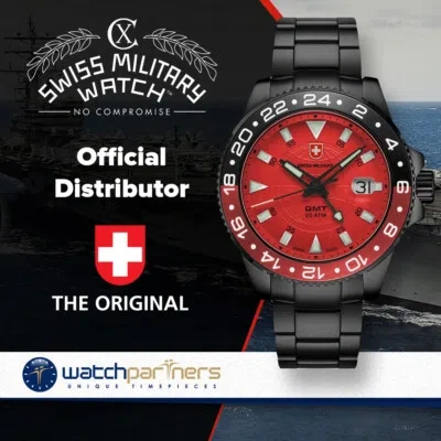 CX CX SWISS MILITARY GMT NERO SWISS 42MM WATCH PVD CASE 2ND TIMEZONE RED DIAL 2778
