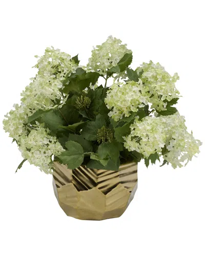 D&W SILKS D&W SILKS CREAM/GREEN SNOWBALL BRANCH IN GOLD CERAMIC BOWL