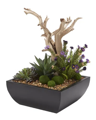 D&W SILKS D&W SILKS GHOSTWOOD BRANCH WITH SUCCULENTS AND WILD FLOWERS IN SQUARE METAL PLANTER