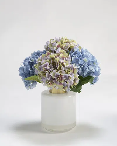 D&W SILKS D&W SILKS, INC BLUE AND VIOLET HYDRANGEAS IN WHITE GLASS WITH GOLD COLLAR