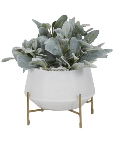 D&W SILKS D&W SILKS LAMB'S EAR IN WHITE GLASS BOWL WITH METAL STAND