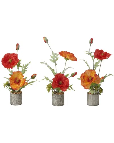 D&W SILKS D&W SILKS RED AND ORANGE POPPIES IN ROUND TIN PLANTERS - SET OF 3