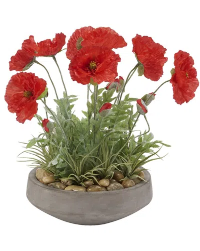 D&W SILKS D&W SILKS RED POPPIES IN ROUND CEMENT BOWL