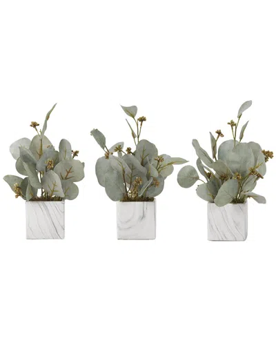 D&W SILKS D&W SILKS SEEDED EUCALYPTUS BRANCHES IN MARBLED CERAMIC CUBE - SET OF 3