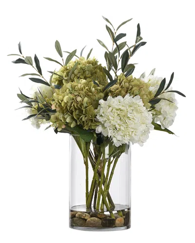 D&W SILKS D&W SILKS WHITE & GREEN HYDRANGEAS WITH OLIVE SPRAY IN LARGE GLASS CYLINDER