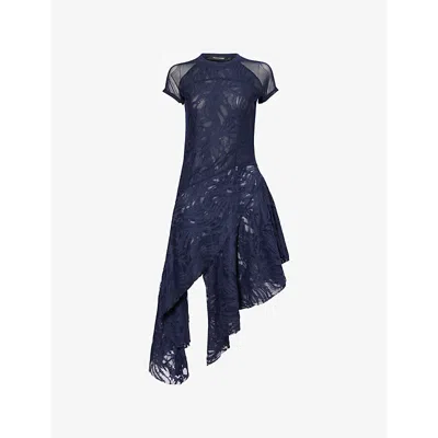 DAILY PAPER WOMENS NAVY ASYMMETRIC CAP-SLEEVE LACE MIDI DRESS XS