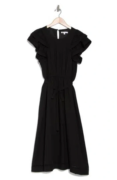 DANIEL RAINN DR2 BY DANIEL RAINN DOUBLE RUFFLE FLUTTER SLEEVE FIT & FLARE MIDI DRESS