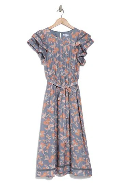 DANIEL RAINN DR2 BY DANIEL RAINN DOUBLE RUFFLE FLUTTER SLEEVE FIT & FLARE MIDI DRESS