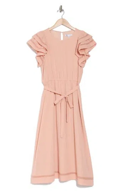 DANIEL RAINN DR2 BY DANIEL RAINN DOUBLE RUFFLE FLUTTER SLEEVE FIT & FLARE MIDI DRESS