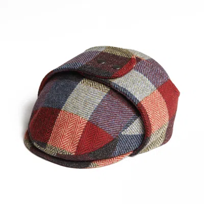 DASMARCA HATS MEN'S LOGAN SUNSET ORANGE WOOL TWEED CHECKS ITALIAN CAP WITH EARFLAPS TRAPPER