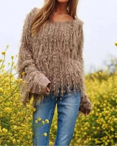 DAVI & DANI FUZZY EMBELLISHED SWEATER IN TAUPE