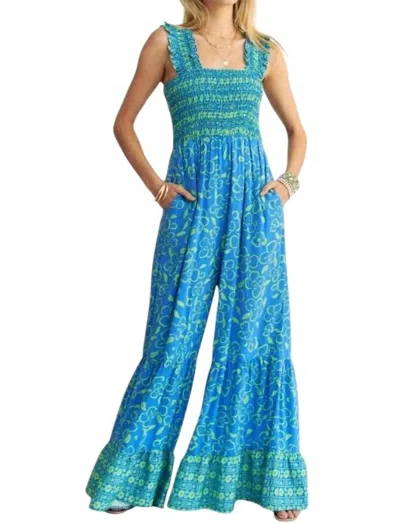DAVI & DANI PLUS RETRO FLORAL STRAPS RUFFLE PANTS JUMPSUIT IN BLUE