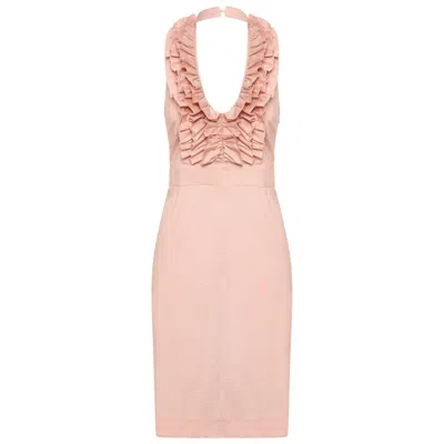 DEER YOU WOMEN'S BETSY BEAUTY FRILL NECK HALTER DRESS IN PINK PIN SPOT