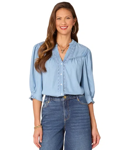 DEMOCRACY PETITE CROCHET-TRIM CHAMBRAY BUTTON-FRONT SHIRT