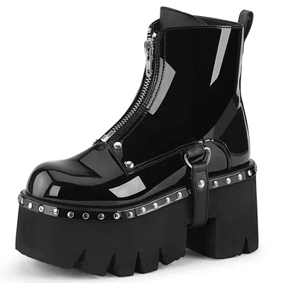 DEMONIA DEMONIA DAMEN CHUNKY HEEL CUT OUT NIETEN BOOTS ASHES-100 LACK SCHWARZ