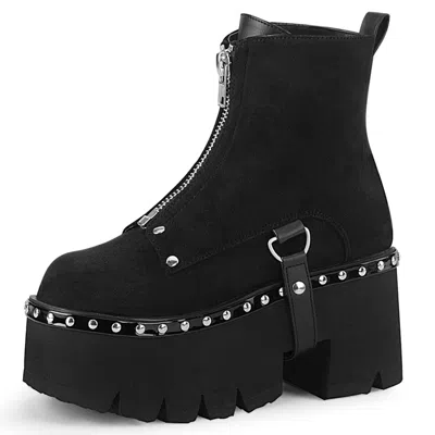 DEMONIA DEMONIA DAMEN CHUNKY HEEL CUT OUT NIETEN BOOTS ASHES-100 SAMT SCHWARZ