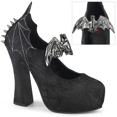 DEMONIA DEMON-18 DEMONIA VEGANE DAMEN GOTHIC PUMP FLEDERMAUS NIETEN SCHWARZ SATIN SPITZE