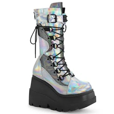 DEMONIA GOTHIC PLATEAU STIEFEL SHAKER-70 - LACK SILBER HOLOGRAMM