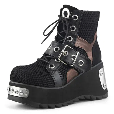 DEMONIA DEMONIA INDUSTRIAL STEAMPUNK PLATFORM DAMEN BOOTIES SCENE-53 FISHNET BLACK