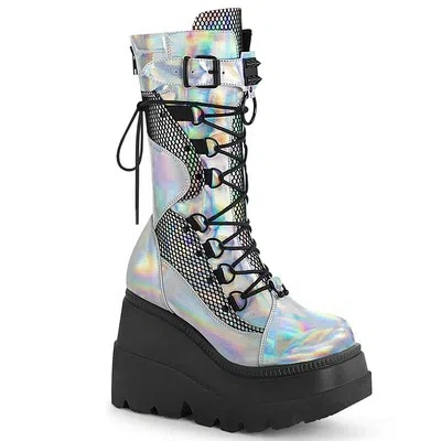 DEMONIA SHAKER-70 DEMONIA VEGANE KEIL-PLATEAU STIEFEL SPIKES SILBER HOLOGRAMM LEDERLOOK