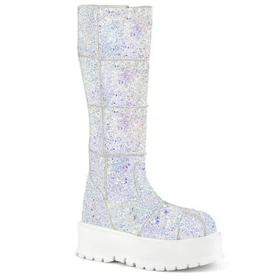 DEMONIA SLACKER-230 VEGANE DEMONIA KNIEHOHE PLATEAUSTIEFEL WEISS MULTI GLITTER PATCHWORK