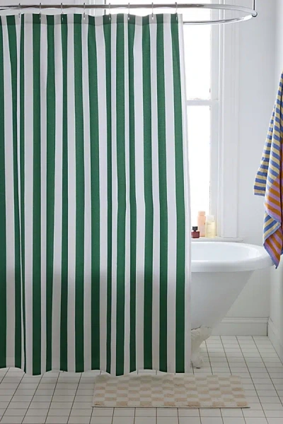 DENY DESIGNS HONOR AND OBEY FOR DENY ORIGINAL FOREST GREEN AND WHITE TRENT STRIPE SHOWER CURTAIN IN DARK GREEN AT