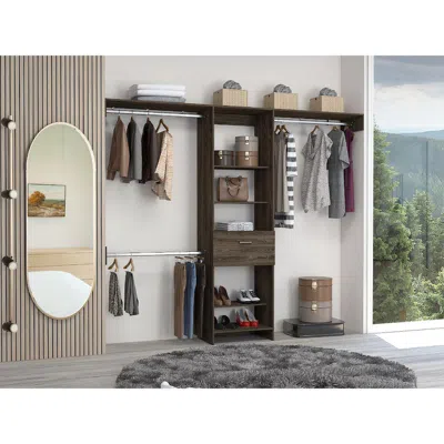 DEPOT E-SHOP DEPOT E-SHOP BRISK CLOSET SYSTEM, ONE DRAWER, THREE METAL RODS, FIVE OPEN SHELVES-DARK WALNUT, FOR B