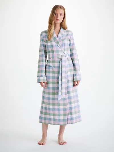 DEREK ROSE DEREK ROSE WOMEN'S LONG DRESSING GOWN KELBURN 45 BRUSHED COTTON GREEN