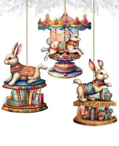 DESIGNOCRACY CAROUSEL BUNNIES CHRISTMAS WOODEN ORNAMENTS HOLIDAY DECOR SET OF 3 G. DEBREKHT