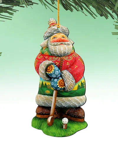 DESIGNOCRACY GOLFER SANTA CHRISTMAS WOODEN ORNAMENTS HOLIDAY DECOR SET OF 2 G. DEBREKHT