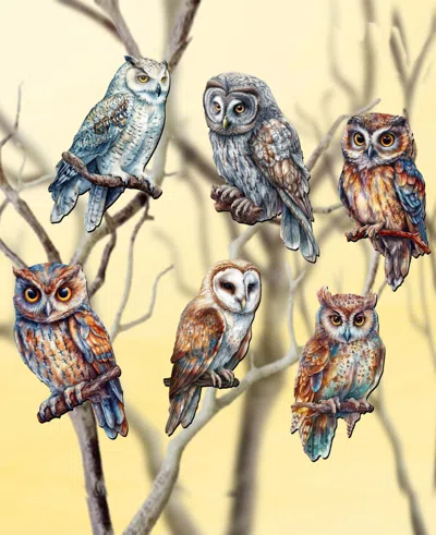 DESIGNOCRACY HOLIDAY WOODEN CLIP-ON ORNAMENTS NIGHT OWLS SET OF 6 G. DEBREKHT
