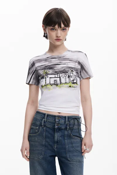 DESIGUAL ヤシの木柄の半袖Tシャツ