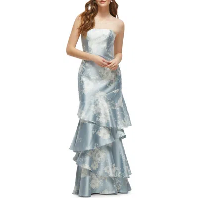 DESSY COLLECTION DESSY COLLECTION FLORAL RUFFLE STRAPLESS TIERED SATIN TWILL GOWN