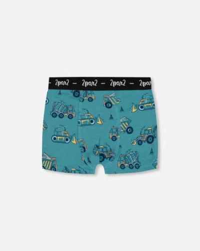 DEUX PAR DEUX DEUX PAR DEUX BOY'S PRINTED ORGANIC COTTON BOXER SHORTS TEAL WITH YELLOW TRUCK