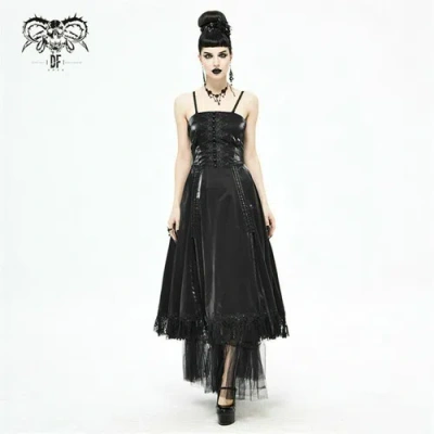 DEVIL FASHION DEVIL FASHION GOTHIC RETRO GORGEOUS HEM LEATHER PLEATED DESIGN SUSPENDER DRESS