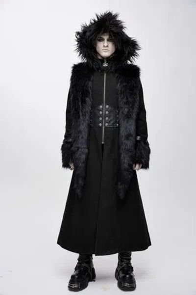 DEVIL FASHION DEVIL FASHION MEN GOTHIC STEAMPUNK HOODED LONG COATS WITH REMOVABLE FUR COLLAR