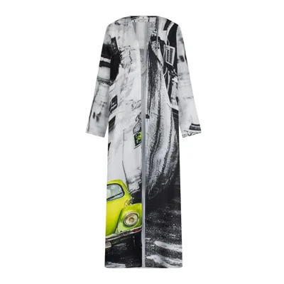 DHARA SHETH DUBAI WOMEN'S BLACK / GREY / WHITE NEON DRIVE CAR ABSTRACT PRINT LONG KIMONO - A BEACH COVER UP