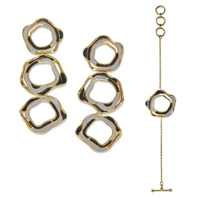 DHWANI BANSAL WOMEN'S BLUE / GOLD / BLACK GOLD AND ENAMEL AQUA EARRINGS AND BRACELET GIFT SET