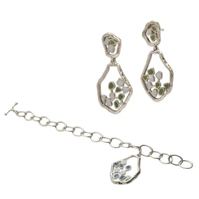 DHWANI BANSAL WOMEN'S GREEN / SILVER / BLUE SILVER AND ENAMEL LAZA EARRINGS AND BRACELET GIFT SET