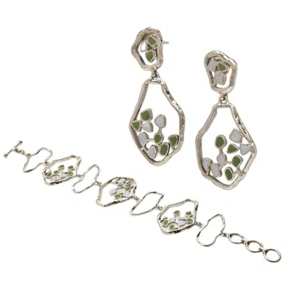 DHWANI BANSAL WOMEN'S BLUE / SILVER / GREEN SILVER AND ENAMEL TERRA EARRINGS AND BRACELET GIFT SET