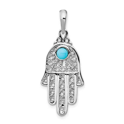 DIAMOND2DEAL 14K WHITE GOLD TURQUOISE FILIGREE CHAMSEH PENDANT