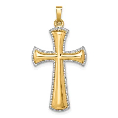 DIAMOND2DEAL 14K YELLOW GOLD HOLLOW POLISHED RHODIUM BEADED EDGE CROSS