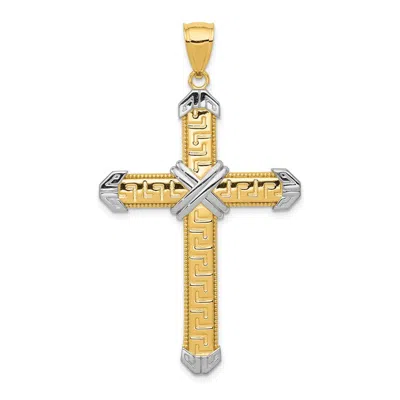 DIAMOND2DEAL 14K YELLOW GOLD RHODIUM GREEK KEY CROSS PENDANT